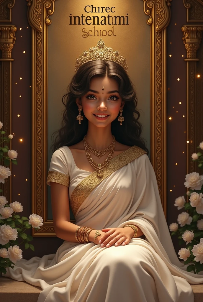 captivating fantasy digital artwork featuring a 2 Indian girl , exuding grace and elegance. She sits majestically behind a decorative plaque inscribed with 'CHIREC INTERNATIONAL SCHOOL'. The girl is dressed in a stunning white designed saree and a delicate crown, her smile illuminating her face. The plaque is adorned with intricate golden borders and designs, enhancing the scene's opulence. Delicate white flowers surround her, and golden sparkles create a magical aura in the dark fantasy atmosphere. The muted brown background contrasts with the artwork's vivid colors, highlighting the artist's exceptional talent and immersing the viewer in a fantastical world., vibrant, photo, dark fantasy, typography