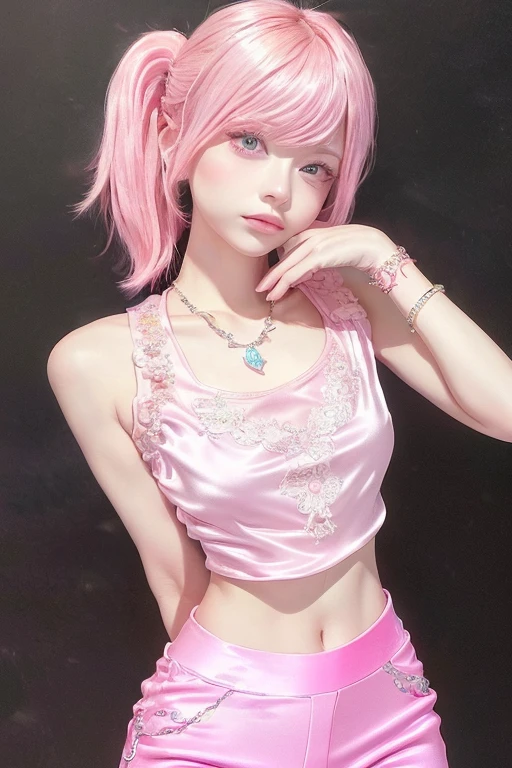 (8K, Top quality, masterpiece:1,2), (Realist, Photorealistic:1.37), Super Detail, A girl,), (Very detailed), (Beautifully detailed eyes), (Highest quality), (Very detailed ), (masterpiece), (Delicate face),20 years old, ,1 girl, whole body, Pink Hair,Very short hair, Medium breasts, wearing clothes, Perfect lighting, and breast focus, Looking at the audience, Excited face, Naughty face, (Bodycon lace top), (Pink shirt), (sleeveless) , (Fashionable city night scene, Night, (Neon lights), (Blurred background), fashion street night scene),(No one in the background:1.3), bracelet, necklace, Pantyhose, ((silk pink pants:1.3)) ,((Tight silk pants)), Look Back, Transparent Pants, Ponytail, Hairstyle