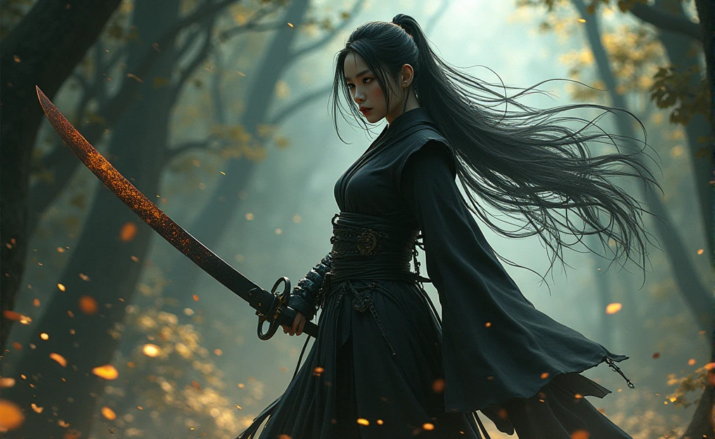 The figure of a samurai girl wielding a katana that seems to be permeated by a dark energy, the girl is Asian with a pale complexion, Deep black eyes and long hair tied with the flow of water, His clothes look like they&#39;re from some kind of robot., The foliage is dark with golden highlights