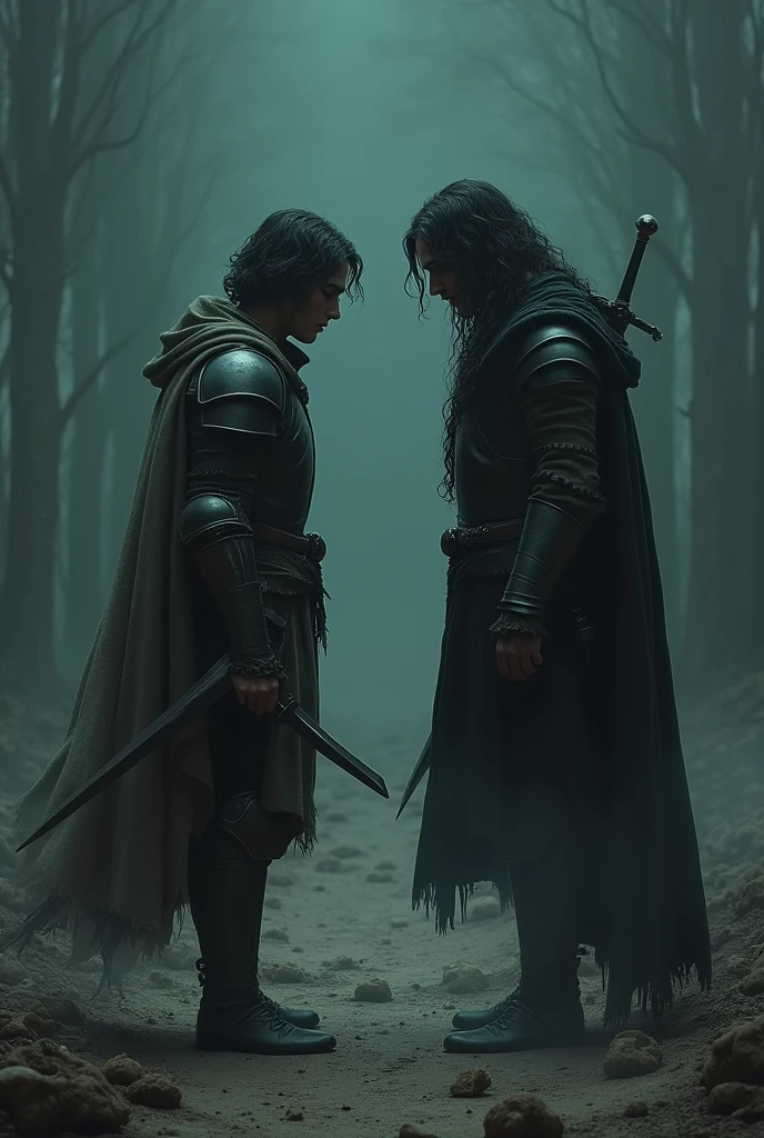 This man has almond shaped eyes, square face, green eyes, wavy hair.,offwhite,has a sword and aura,and he doesn't have a beard,It's Night,knight clothes,e It's Night em um ambiente vazio com ossos ,In an apocalyptic world,empty with little life,Hair forward ,smaller and potato nose,and the environment is dark,sem beard,e It's Night,is returning from a battle exhausted,Eland he doesn't have a beard,he has smooth, hairless skin,has no mustache,He doesn't have a beard,he also has weapons in his belt.Now make him fight his dark self,sem esse cabelo enorme e sem beard por favor