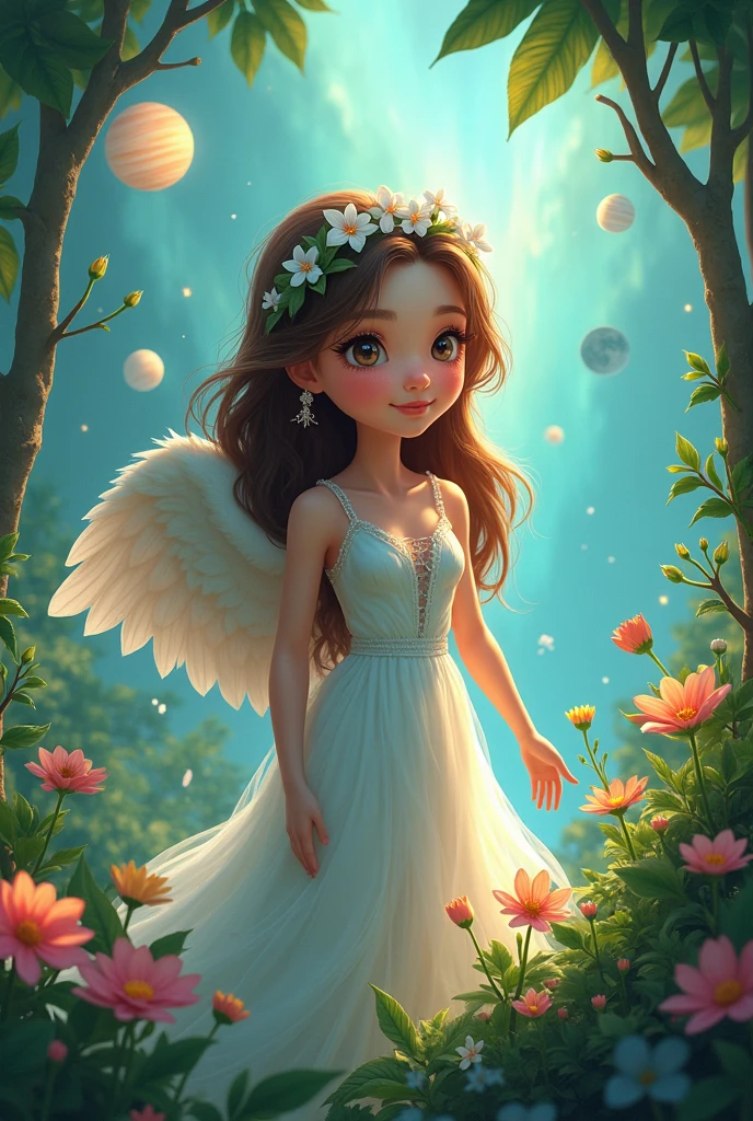 (Photorealism:1.2), beautiful woman, style Cartoon, in the garden of Eden and several nearby planets and angels and aurora borealis 