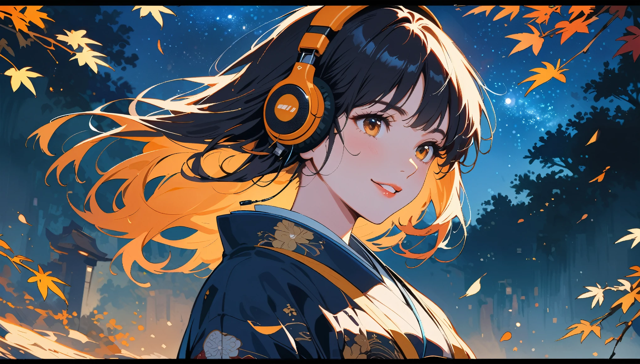 Japanese beauty, closeup of her face, beautiful eyes and lips, Hanfu, autumn scene, golden leaves, moonlight shining through the branches on her hair, in the style of cinematic photography, natural light, high definition. ((headphones)), ((background: night, starry sky)), ((ukiyo-e style)), ((smile)), ((1 girl)),