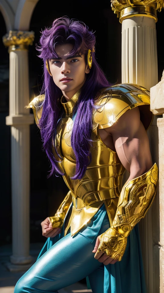 A man, male details, Degel Scorpio from Saint Seiya, masterpiece, best quality, highly detailed RAW color photo, sharp focus, 8k high definition, reading glasses, holding a red lazer energy, long purple hair, turtle neck, male wearing gold shiny armor, light turquoise blue hair, tight-fitting blue undergarment beneath armor, purple eyes, leg armor, shoulder armor, gold armor, reflection on armor, headset, gold headband, sparking armor, white skin-tight transparent vinyl, gentle smile, in an open and well-lit Coliseum,Fighting Pose with Greek pillars and garden with flowers, Scorpio Armor, standing straight, sacredness, landscape, bright, facial freckles (0.1), to8contrast style, posing in a bright Coliseum with Greek golden pillars, rim lighting (1.4), two-tone lighting with soft highlights, octane, unreal, well-lit, aura of wisdom.