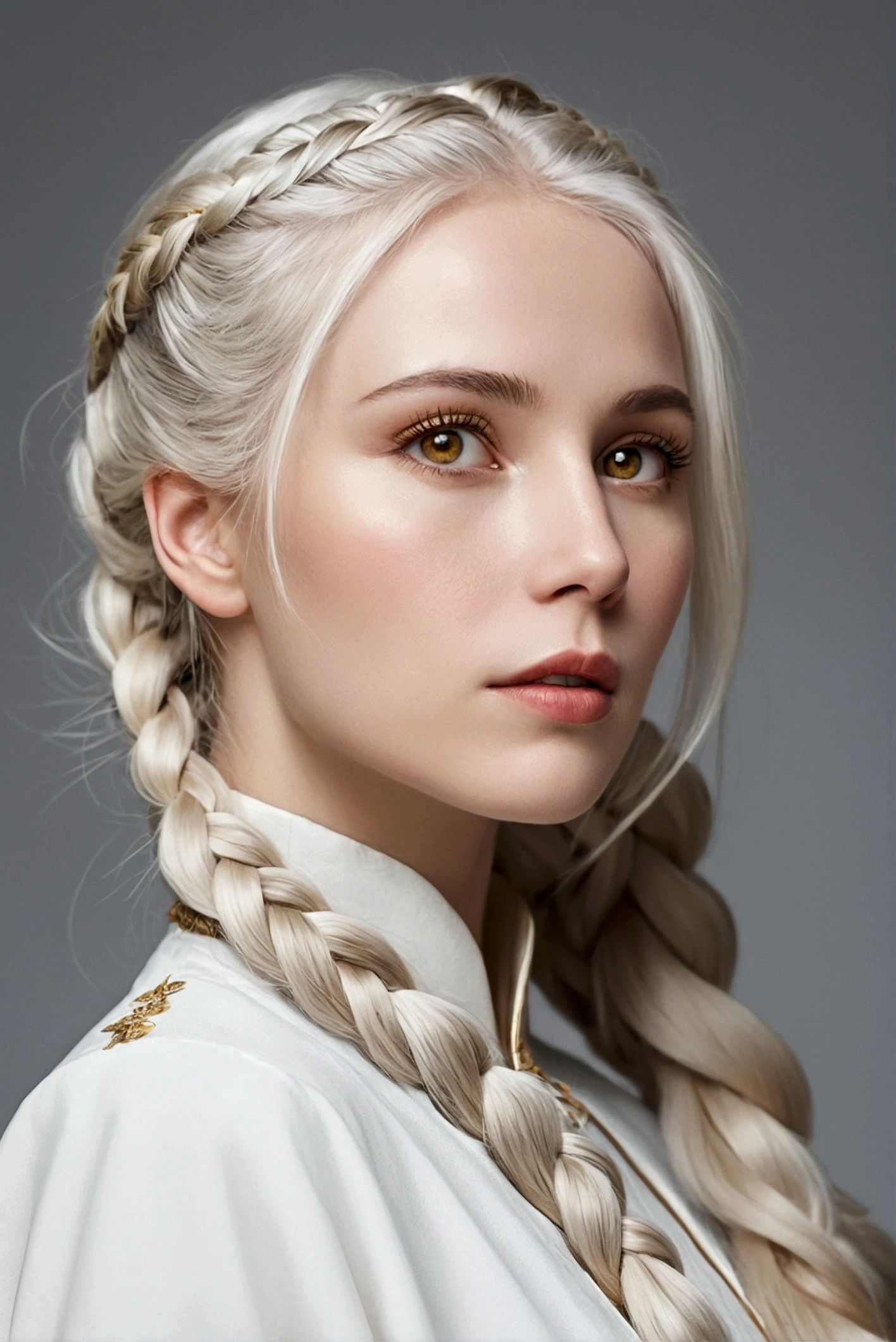 a beautiful woman with long white hair, golden eyes, and white clothing, looking upwards, upper body portrait, side hair highlights, pale skin, braided hair