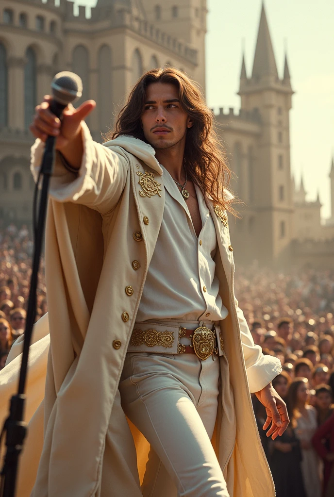 artwork best quality beautiful realistic american male teenager long brown hair light skin with white cape and hooded coat on head with gold details white long sleeve shirt and white pants underneath intricate details singing holding a microphone seen from afar pointing at the audience on top of an ancient medieval castle a concert with details uhq 8k details