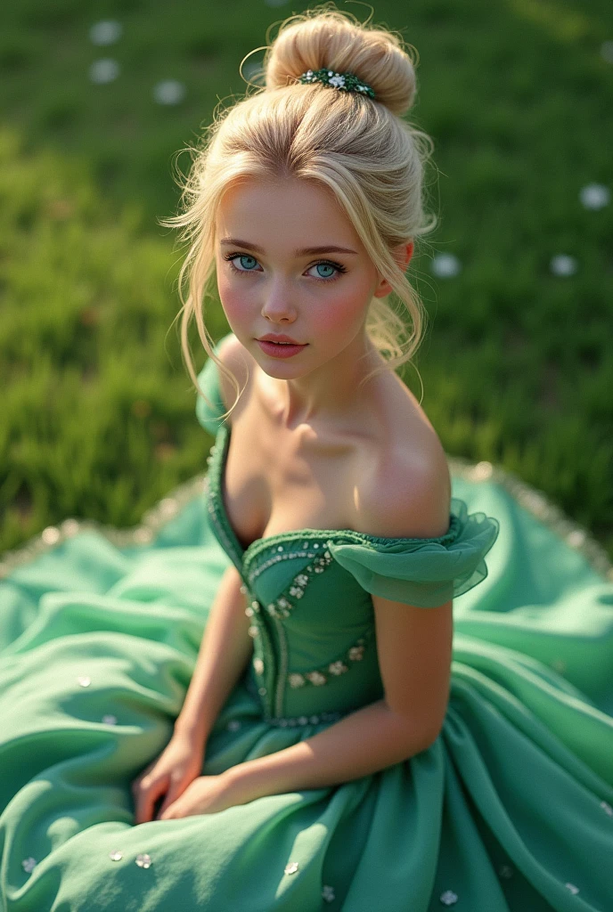blonde girl blue eyes in green princess dress her hair is in a bun she is looking at the viewer she is sitting on the green lawn the dress spread out around her young woman