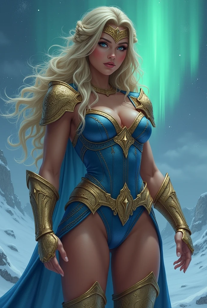 BOMBSHELL BLONDE WOMAN, WARRIOR FEMALE, TANNING SKIN BLUE EYES, HIGH CHEEKBONES, ROSY CHEEKS, MENTAL FORAMEN, HUGE LONG HAIR, DOUBLE BRAID HAIR, VOLUMOUS HAIR, BLUE AND GOLD LEOTARD ARMOUR, BLUE AND GOLD ARMOUR, GOLD GAUNTLETS, STRONG CURVY BODY, MUSCLES, GORGEOUS THICK THIGHS EXPOSED, DETAILED QUADRICEPS, MUSCLES, SIDE BODY VIEW, NORTHERN LIGHTS, NORTH POLE, SNOW, NIGHT SKY, ACCURATE IMAGE, MASTERPIECE.