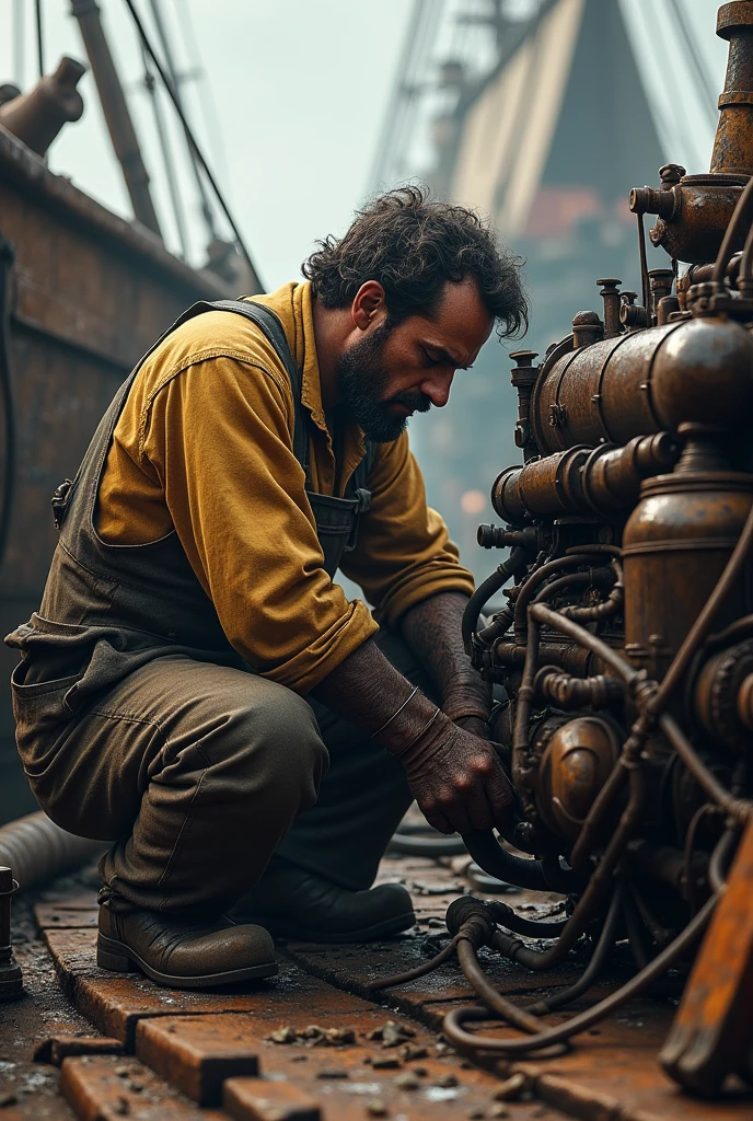 A man fixing a ship's engine