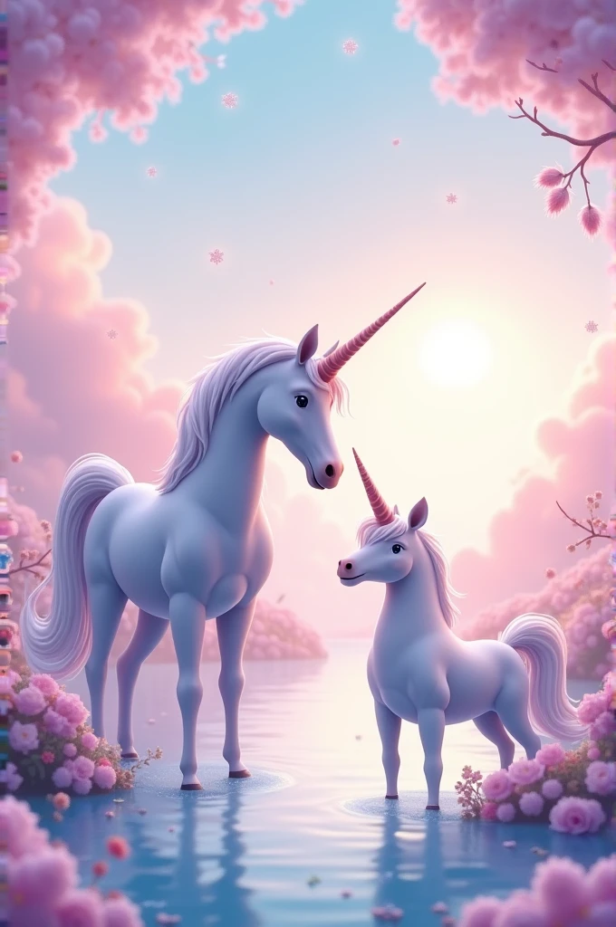 A dolphin and a unicorn in a dream landscape, with pink tones, lilacs and light blues.