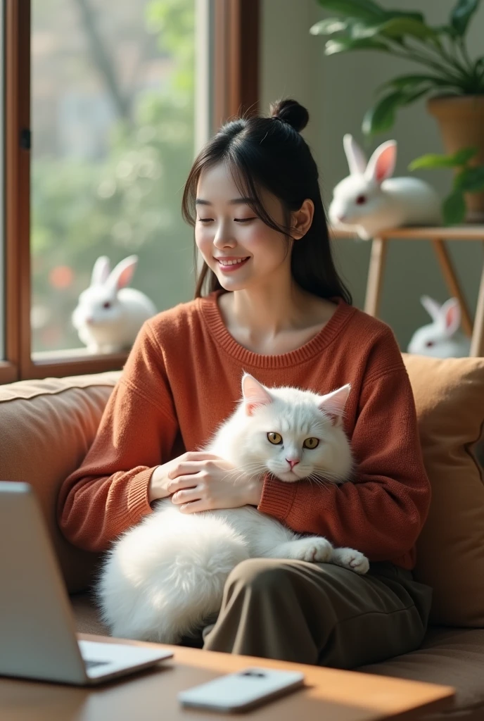 Beautiful Korean girl, smooth white skin, well-groomed face, thin smile, straight black hair tied up, red-orange knitted shirt, dark brown cargo pants, sitting on the sofa with a big white Angora versia cat, on the table there is an iPhone laptop, in the background behind the open area of the zoo there are rabbits, which look authentic, real and realistic in the photo