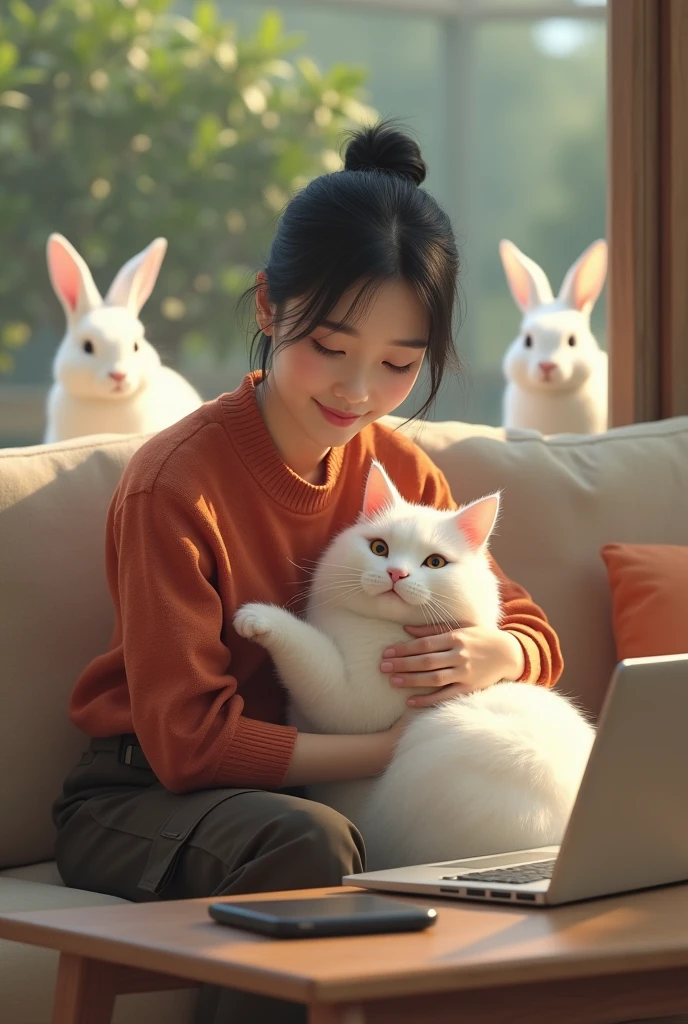 Beautiful Korean girl, smooth white skin, well-groomed face, thin smile, straight black hair tied up, red-orange knitted shirt, dark brown cargo pants, sitting on the sofa with a big white Angora versia cat, on the table there is an iPhone laptop, in the background behind the open area of ​​the zoo there are rabbits, which look authentic, real and realistic in the photo