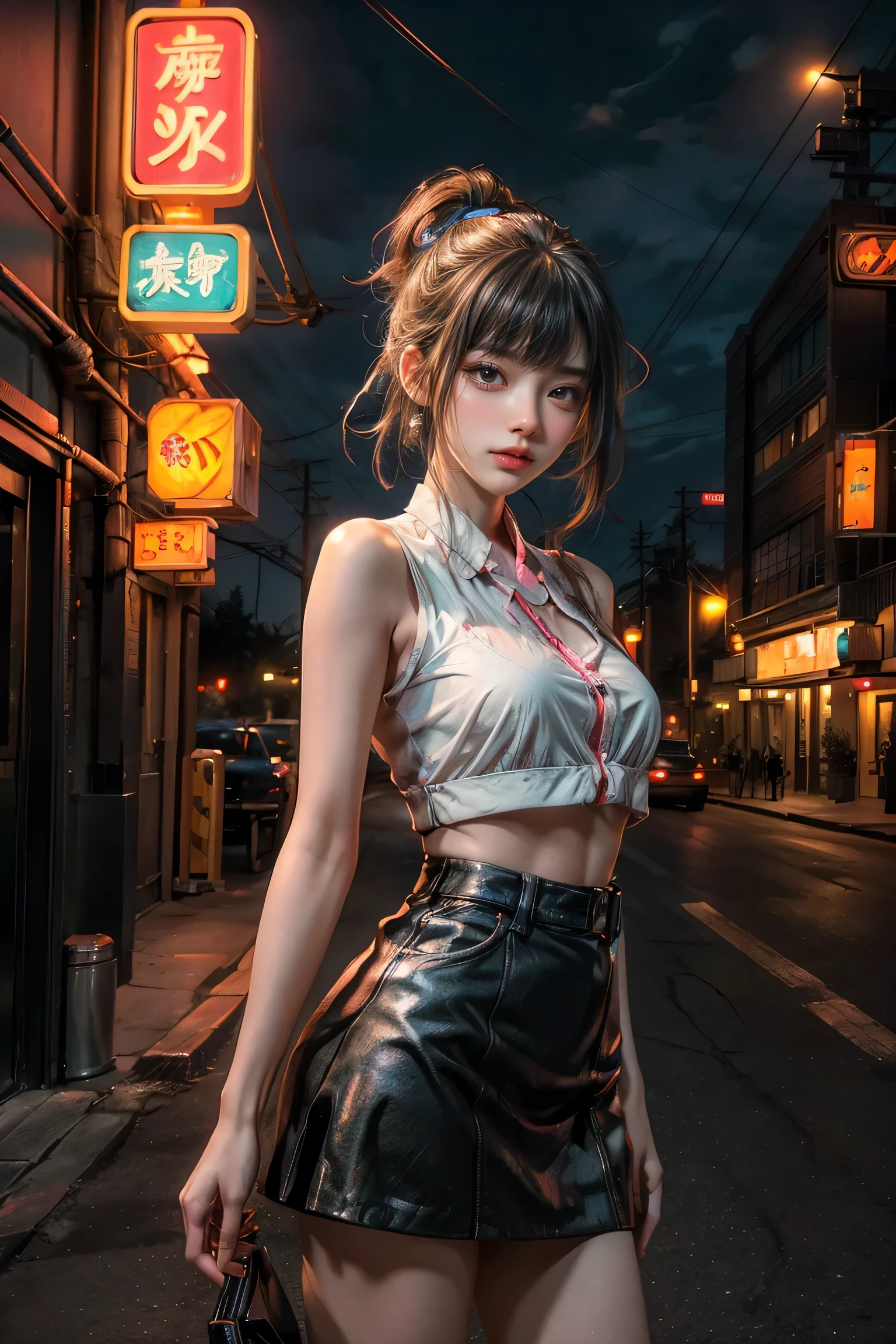 ((masterpiece, Best Quality, Best Quality de imagen, High resolution, practical, RAW Photos, 8k)), Motel outdoor view,Cars parked in front, with neon, A woman waits for guests in front of a motel., , short skirt and high heels, route 66, neon, 1950 Second American Tour, some have neon, 外面的neon, neon, gigantic neon, neon Store, few neon, neon in background,