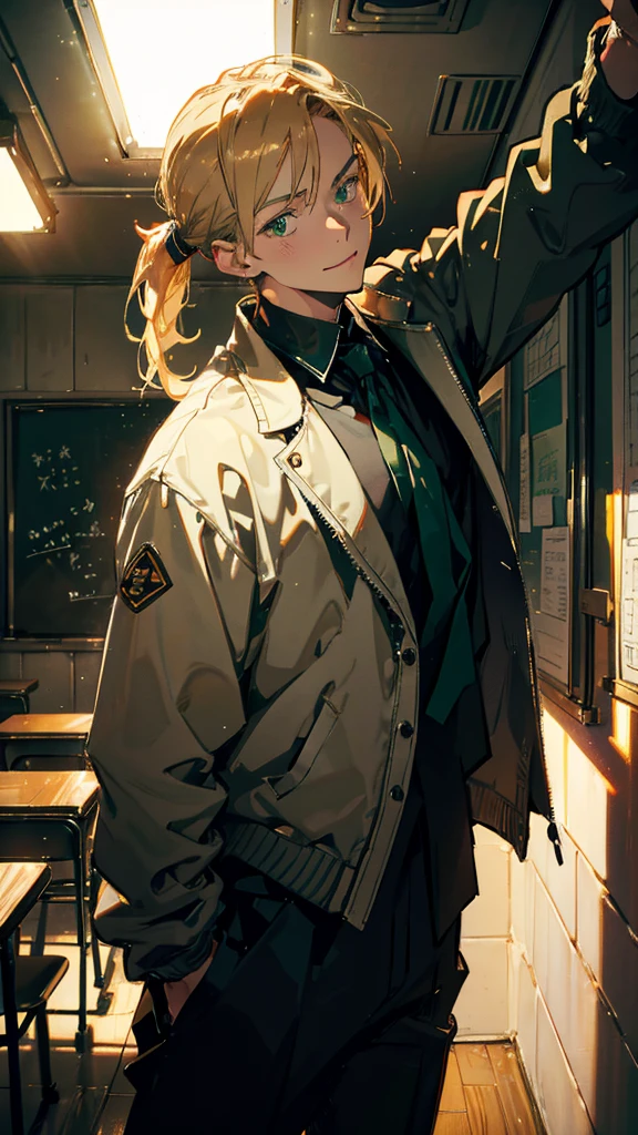 beautiful young male, short blonde ponytail hair, glossy green-tinged hazel eyes, wearing a black jacket and pants, posing with the right index finger touching the lips, with a calm and slightly provocative expression, against a softly blurred warm-toned background light, shot from a slightly high angle, with the person looking directly at the camera, the background lights out of focus.high quality, amount of drawing, pixiv illustration, School boys' uniform, Standing in a school classroom, Wearing a white jacket and pants, smile, Surrealism, chiaroscuro, cinematic lighting, UHD, high details, best quality, highres, 16k