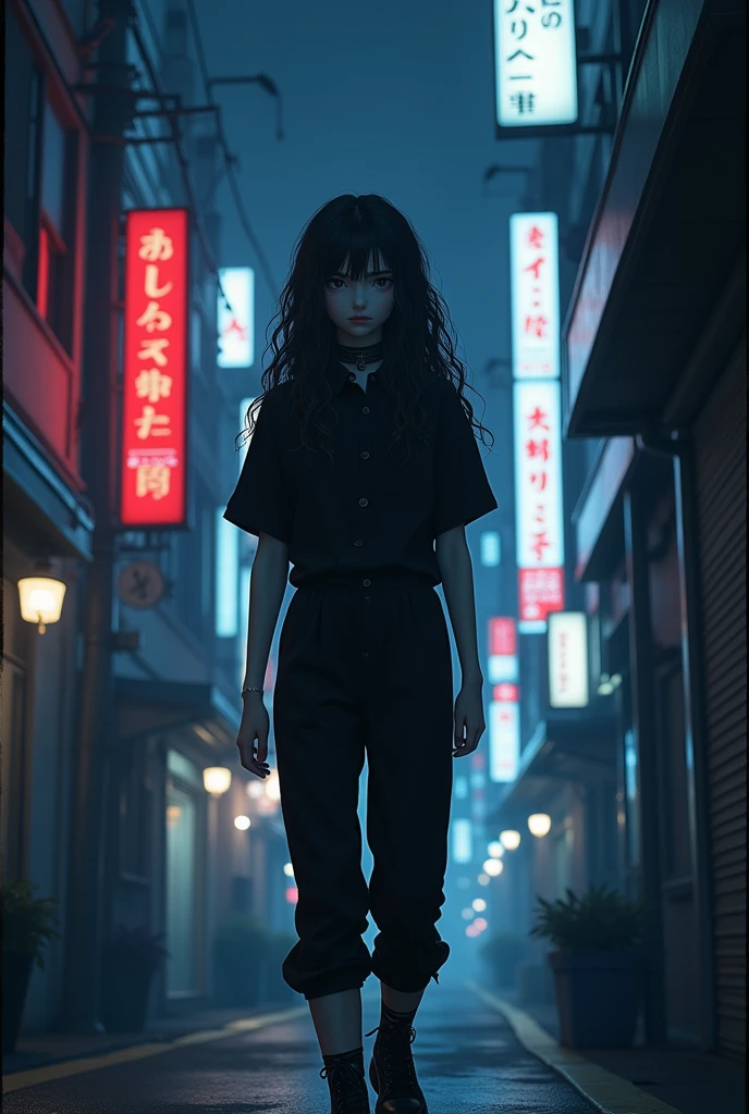 Goth Anime Style Girl, in black pants and shirt, similar to Nana Osaki, long curly hair, walking alone on the streets of tokyo at night