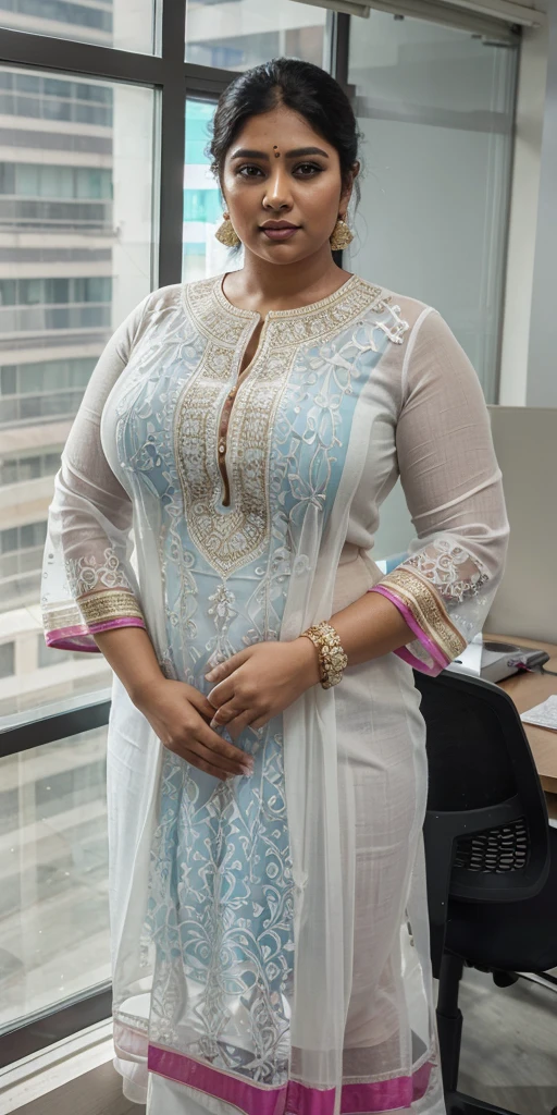 Day scene, A radiant, full-figured South Indian 3 aunty a white colour chiffon fully transparent kurta, bra visible through kurta, ,standing, in a office captured in a full-body image with vibrant hues and meticulous details. Full body image