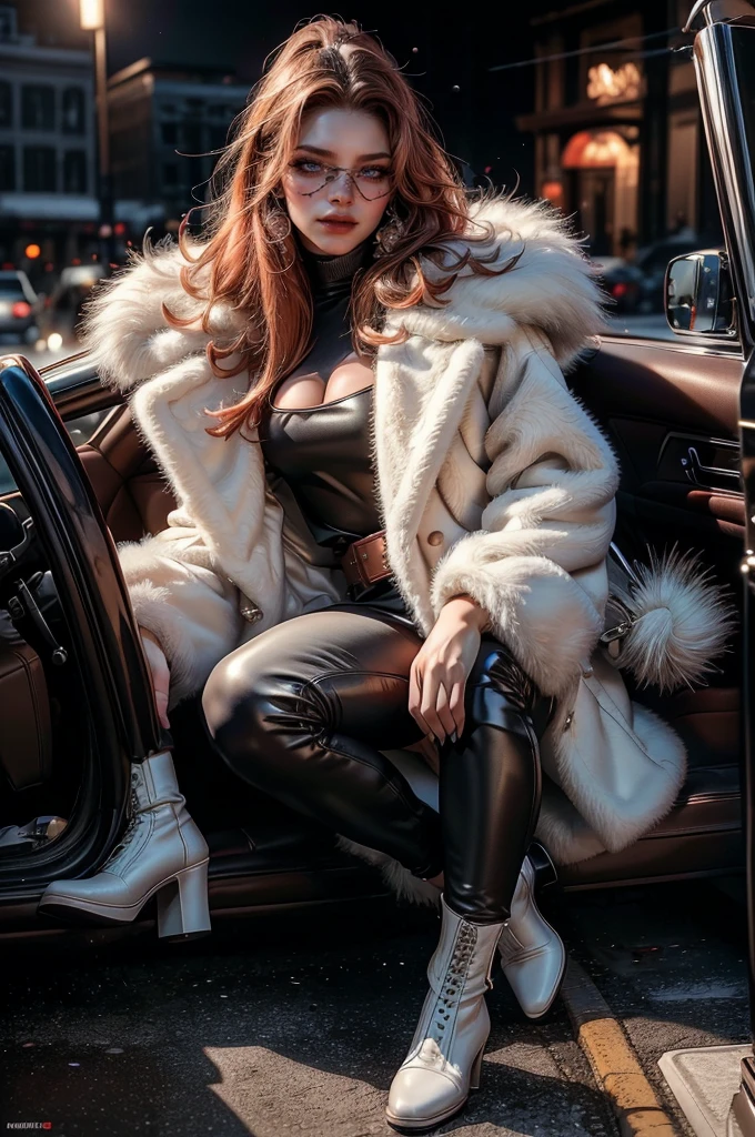 a beautiful young woman with long red hair, lora_Emma, high waist leather pants, waist belt, a white fur coat, (red shaded sunglasses), leather boots, standing outside,(best quality,4k,8k,highres,masterpiece:1.2),ultra-detailed,(realistic,photorealistic,photo-realistic:1.37),detailed face, detailed eyes, detailed lips, long eyelashes, beauty, fashion, portrait, glamorous, elegant, studio lighting, dramatic lighting, high contrast, vivid colors, cinematic,xuer white fur coat, coat on shoulders