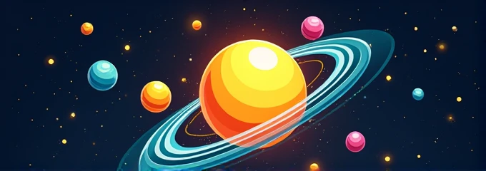 A yellow-orange nucleus with atoms orbiting on it with an outer space background with stars (cartoony).