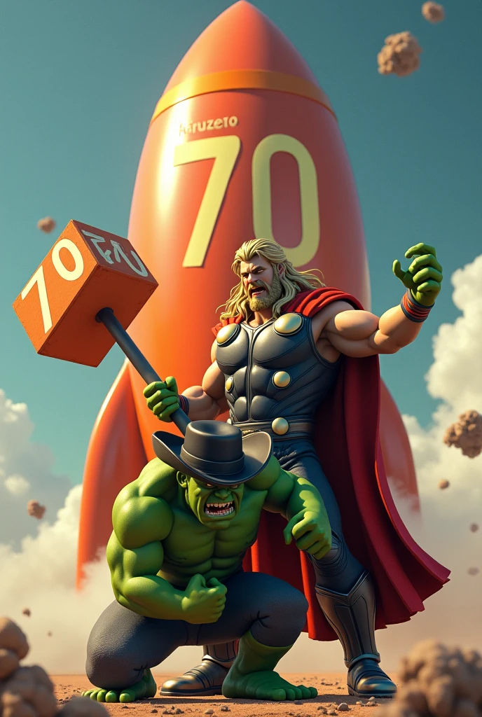 Make Thor with an orange mallet with the number 70, and the Hulk with a cowboy hat on his knees crying, and behind them an orange rocket with the phrase ( I'm turning 70) In Portuguese