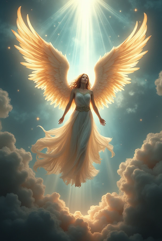 Create for me an angel with 4 wings defeating an enemy 