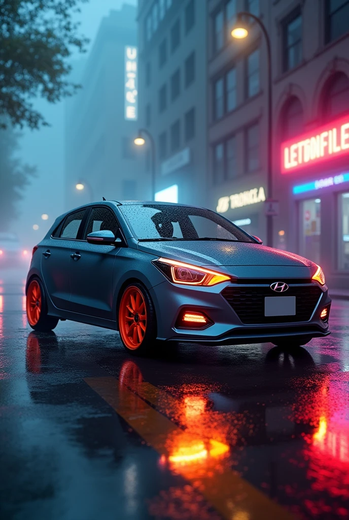 Hyundai i20 elite with neon lights, oranges alloys matte grey colour in rainy day on streets with fog with better angle to look like huge with slightly closeup. Cyberpunk