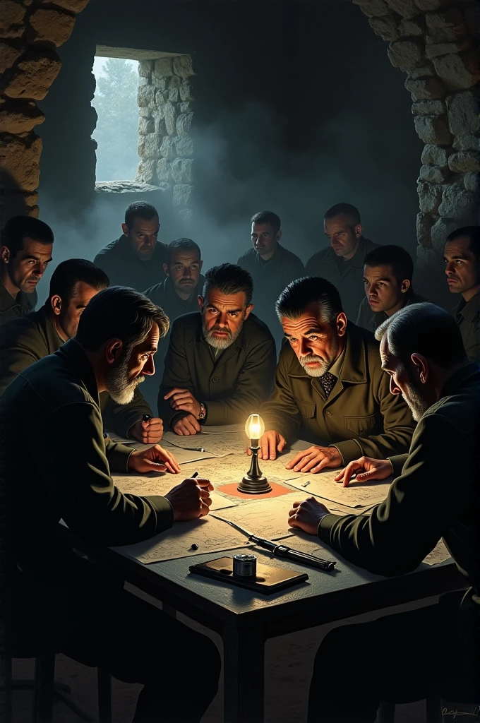 Members of the French resistance gathered in a cellar, Planning an attack.