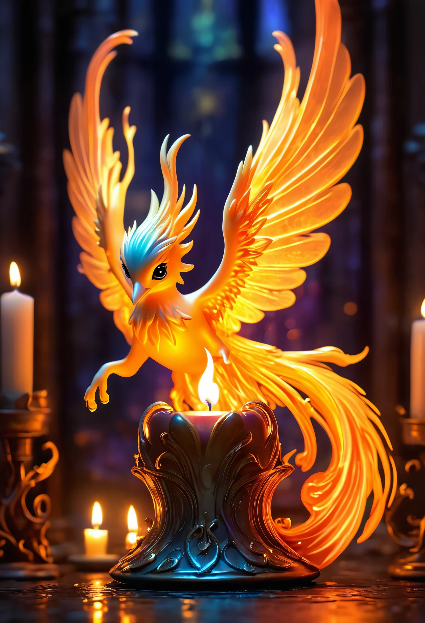 A tiny fairy phoenix emerging from a candle flame in a dim Wizards laboratory
