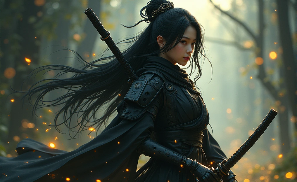 The figure of a samurai girl wielding a katana that seems to be permeated by a dark energy, the girl is Asian with a pale complexion, Deep black eyes and long hair tied with the flow of water, His clothes look like they're from some kind of robot., The foliage is dark with golden highlights