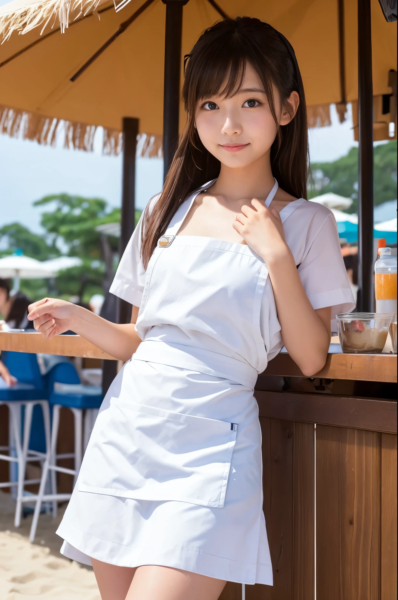 20 years old girl (Japanese pretty face) is wearing white apron, mini skirt at the beach bar