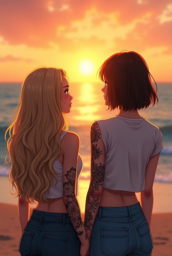 A couple of two girls watching the sunset, one girl has blonde hair and has a tattoo on her right arm, the tattoo is all over the arm, only one girl and the other has straight hair and the hair size is medium, the hair color is brown and watching the sea on a beach with the sunset without a skirt ,that they have normal clothes and that they don't have bangs,Only the blonde has the tattoo on just one arm and the blonde has long wavy hair and the one with brown hair has medium straight hair.