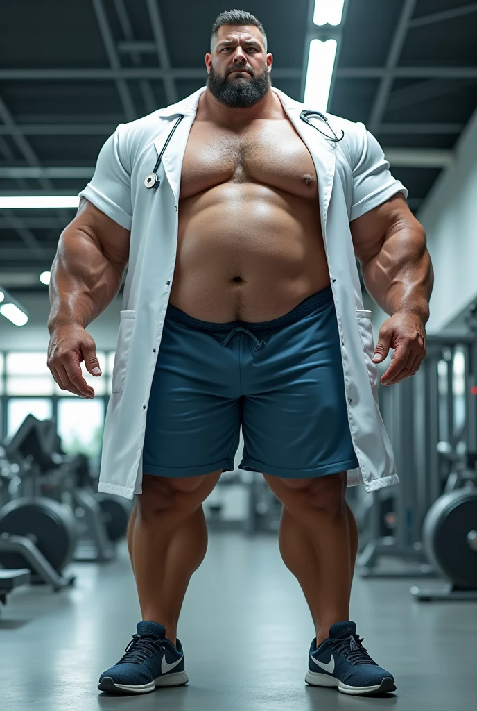 A gaint gym worker doctor, wear a half of his working suit