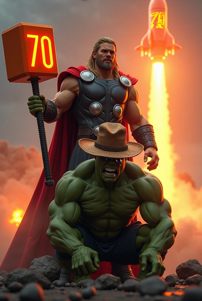 Make Thor with an orange mallet with the number 70, and the Hulk with a cowboy hat on his knees crying, and behind them an orange rocket with the phrase ( I&#39;m turning 70) In Portuguese of Brazil 

