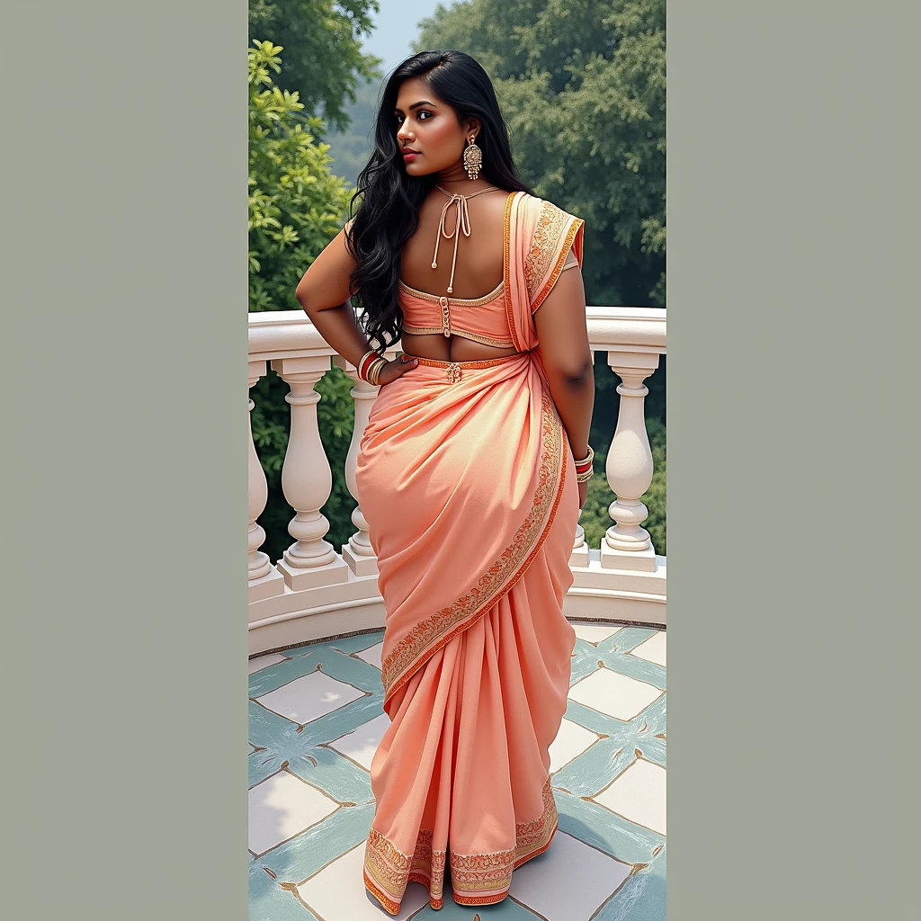 Create a full back picture of Indian aunty with braid hairstyle and tight salwar going in her ass