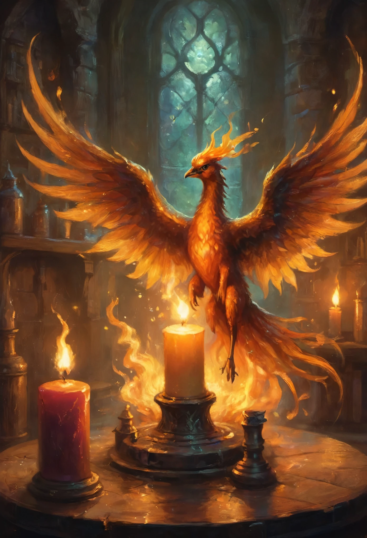 A tiny fairy phoenix emerging from a candle flame in a dim Wizards laboratory