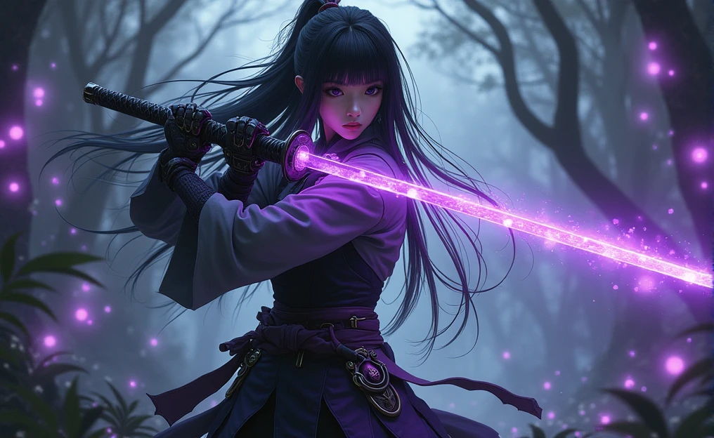 The figure of a samurai girl wielding a katana that seems to be permeated by a dark energy, the girl is Asian with a pale complexion, Deep black eyes and long hair tied with the flow of water, His clothes look like they're from some kind of robot., The foliage is dark with unreal purple flashes