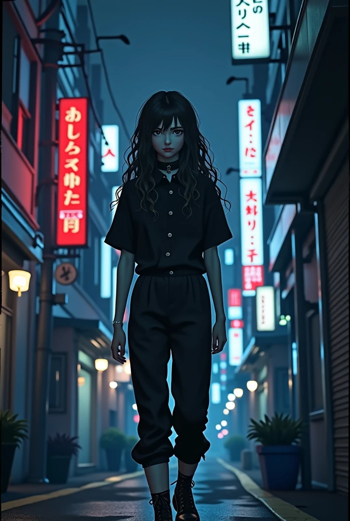Goth Anime Style Girl, in black pants and shirt, similar to Nana Osaki, long curly hair, walking alone on the streets of tokyo at night