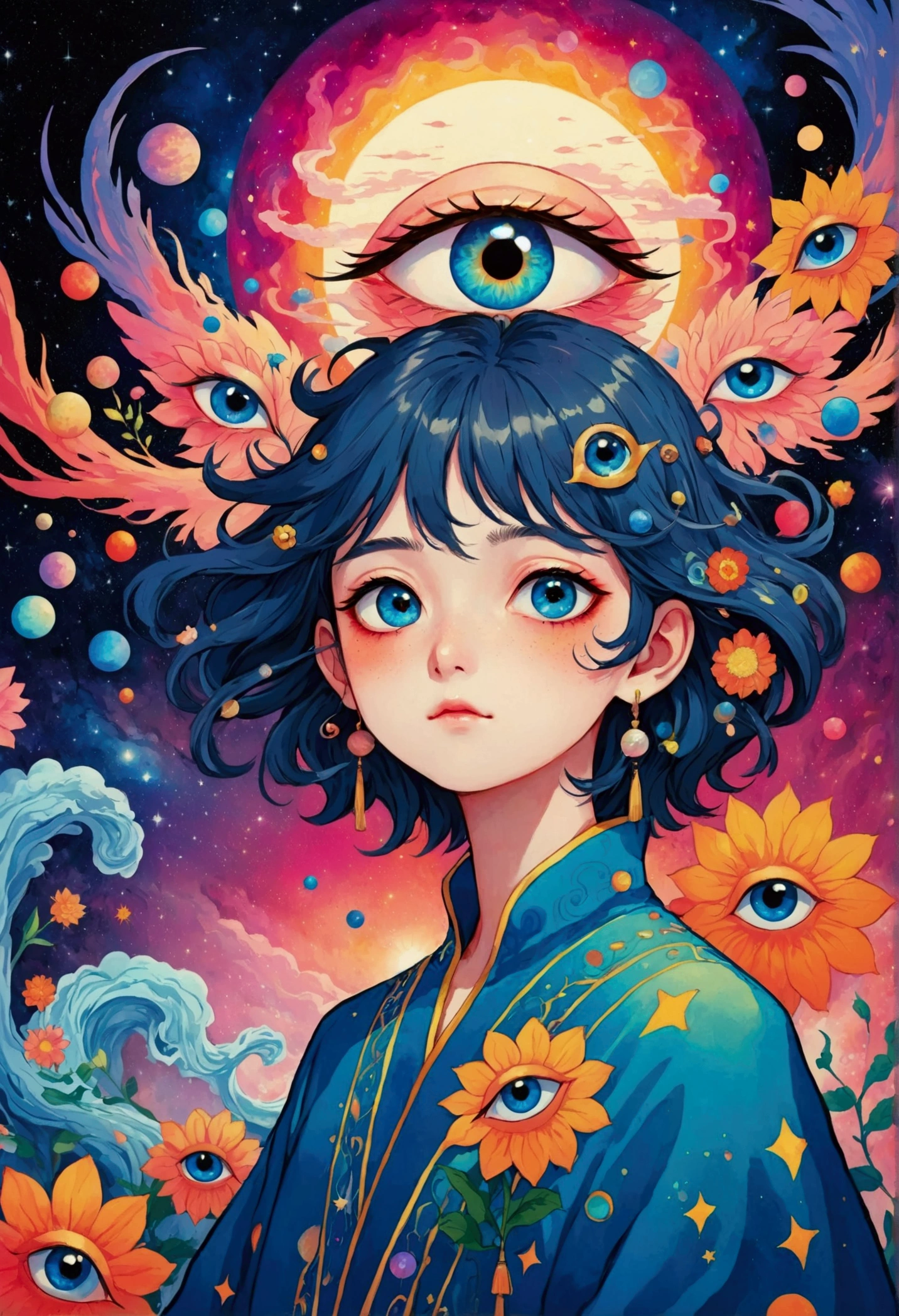 这幅画描绘了一个男人站在一颗五彩缤纷的Eye前, Murakami Chemical Illustrations, pixiv, Concept Art, Fantasy psychedelic anime, Color illustrations, Psychedelic illustration, Look into my eyes, Blurred dreamy illustration, humEyes, Blurred dream picture, Eye, 没有Eye, 睁大你的Eye, Eye of the Universe