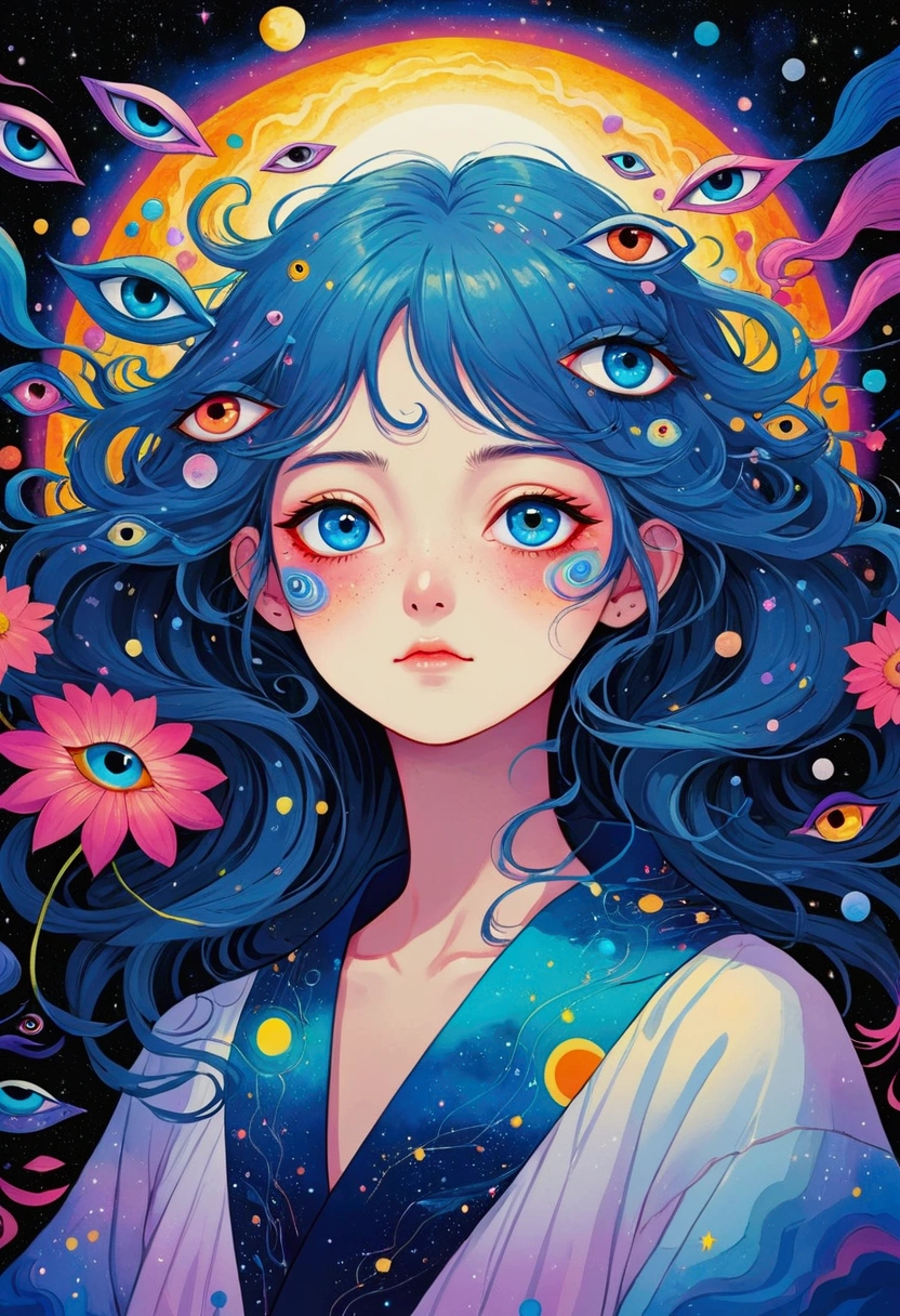 这幅画描绘了一个男人站在一颗五彩缤纷的Eye前, Murakami Chemical Illustrations, pixiv, Concept Art, Fantasy psychedelic anime, Color illustrations, Psychedelic illustration, Look into my eyes, Blurred dreamy illustration, humEyes, Blurred dream picture, Eye, 没有Eye, 睁大你的Eye, Eye of the Universe