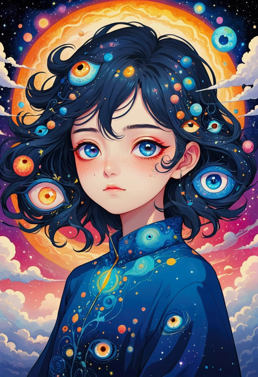 这幅画描绘了一个男人站在一颗五彩缤纷的Eye前, Murakami Chemical Illustrations, pixiv, Concept Art, Fantasy psychedelic anime, Color illustrations, Psychedelic illustration, Look into my eyes, Blurred dreamy illustration, humEyes, Blurred dream picture, Eye, 没有Eye, 睁大你的Eye, Eye of the Universe