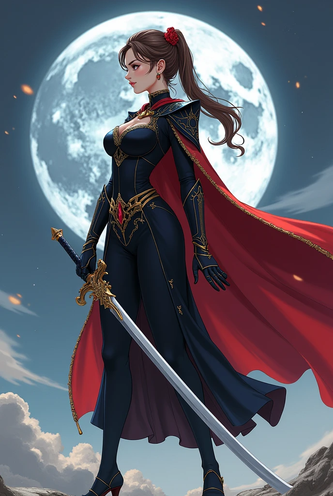 You are a rebellious princess, daughter of the moon, who fights with a black iron sword.,  clear skin, brown eyes and brown is your hair. You love the color blue, red and white you wear high shoes up to the knee your elegant uniform is war all black with a red cape that hangs on the right side 