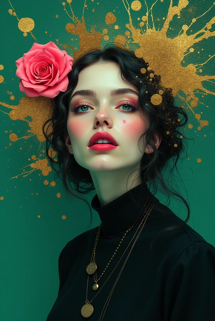 masterpiece, best quality, dynamic, cinematic, mystical, beautiful detailed eyes, beautiful detailed lips, extremely detailed eyes and face, long eyelashes, teacherly pose, advanced modern expressionism, rich textures, amalgamation of modern and classical influences, diverse materials, high contrast, pink rose, vivid colors, gold liquid splatter, emerald green background, breathtaking color palette, flowing elegance, sharp geometric symbolism, Leyendecker, Jackson Pollock splatter dynamics, Gustav Klimt ornamental gold, chiaroscuro, kaleidoscopic, multidimensional, ethereal glow, captivating uniqueness, surreal juxtapositions, visual symphony, unforgettable visual narrative, edgy, mathematical, simple-shaped vectors, highly modern, stylistic, polygonal abstraction, vector art, bold lines, minimalist color scheme, digital art, abstract geometry