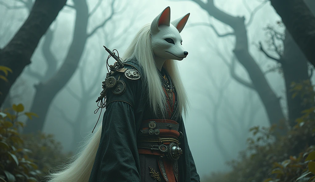 Top quality, masterpiece, oriental ancient forest background, creature wearing white fox mask, long hair, body made of complex machinery, science fiction, detailed science, life science, wearing oriental complex traditional clothes, detailed image texture, bizarre, horror, creepy atmosphere (not AI image), cloudy weather, foggy, low color image, eerie, character filling the screen, image from various angles