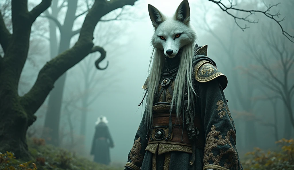 Top quality, masterpiece, oriental ancient forest background, creature wearing white fox mask, long hair, body made of complex machinery, science fiction, detailed science, life science, wearing oriental complex traditional clothes, detailed image texture, bizarre, horror, creepy atmosphere (not AI image), cloudy weather, foggy, low color image, eerie, character filling the screen, image from various angles