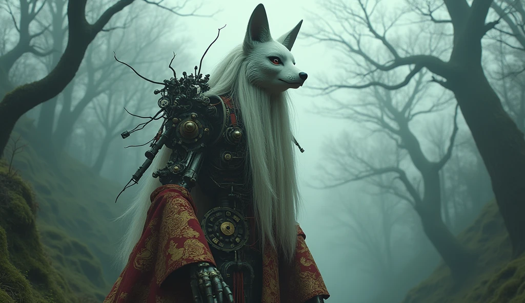 Top quality, masterpiece, oriental ancient forest background, creature wearing white fox mask, long hair, body made of complex machinery, science fiction, detailed science, life science, wearing oriental complex traditional clothes, detailed image texture, bizarre, horror, creepy atmosphere (not AI image), cloudy weather, foggy, low color image, eerie, character filling the screen, image from various angles