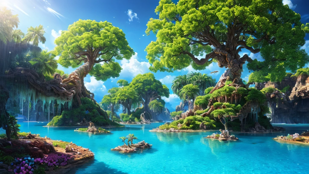 masterpiece, best quality, high quality, extremely detailed CG unity 32K UHD wallpaper, style Raw, a hyperrealistic colossal cyan raintree, in a futuristic prehistoric village, splashing crystal clear blue water, sandy debris, lens flares, sunshaft, fluffy clouds, Hyperdetailed, HDR, bloom, Photorealistic, hyperdetailed