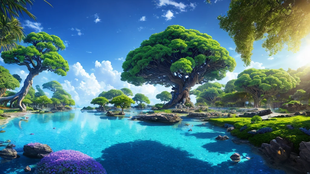 masterpiece, best quality, high quality, extremely detailed CG unity 32K UHD wallpaper, style Raw, a hyperrealistic colossal cyan raintree, in a futuristic prehistoric village, splashing crystal clear blue water, sandy debris, lens flares, sunshaft, fluffy clouds, Hyperdetailed, HDR, bloom, Photorealistic, hyperdetailed