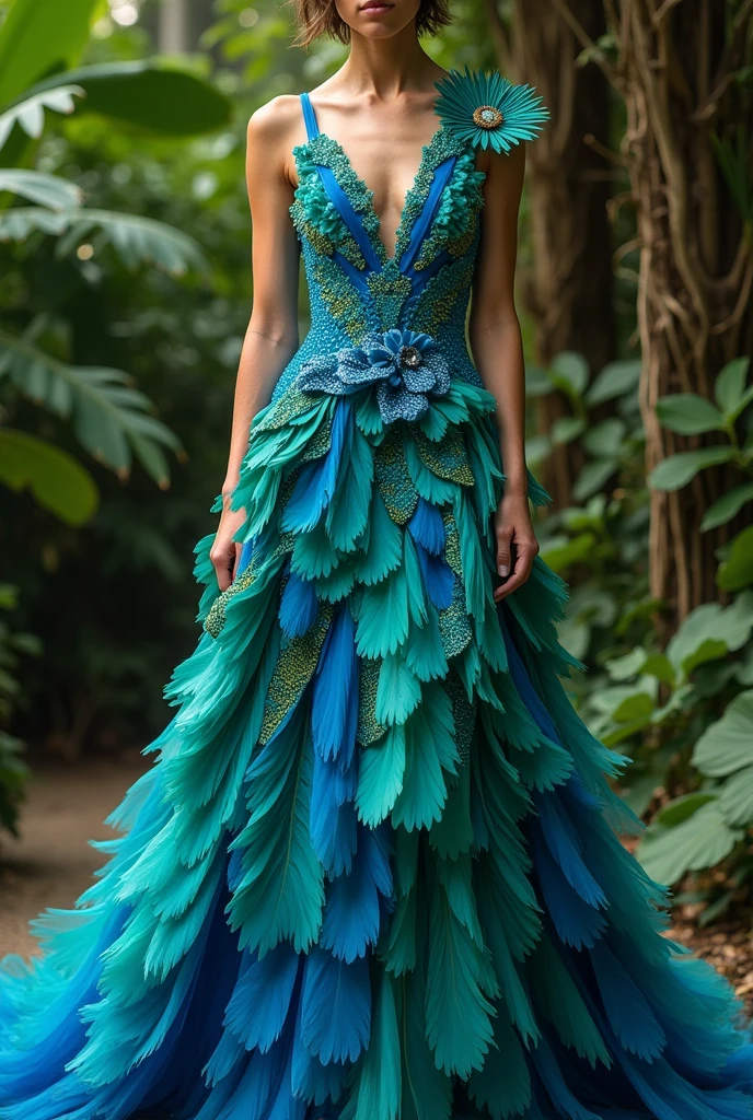 Give me a model of a dress representing the blue and green green macaw, showing the dress from the front