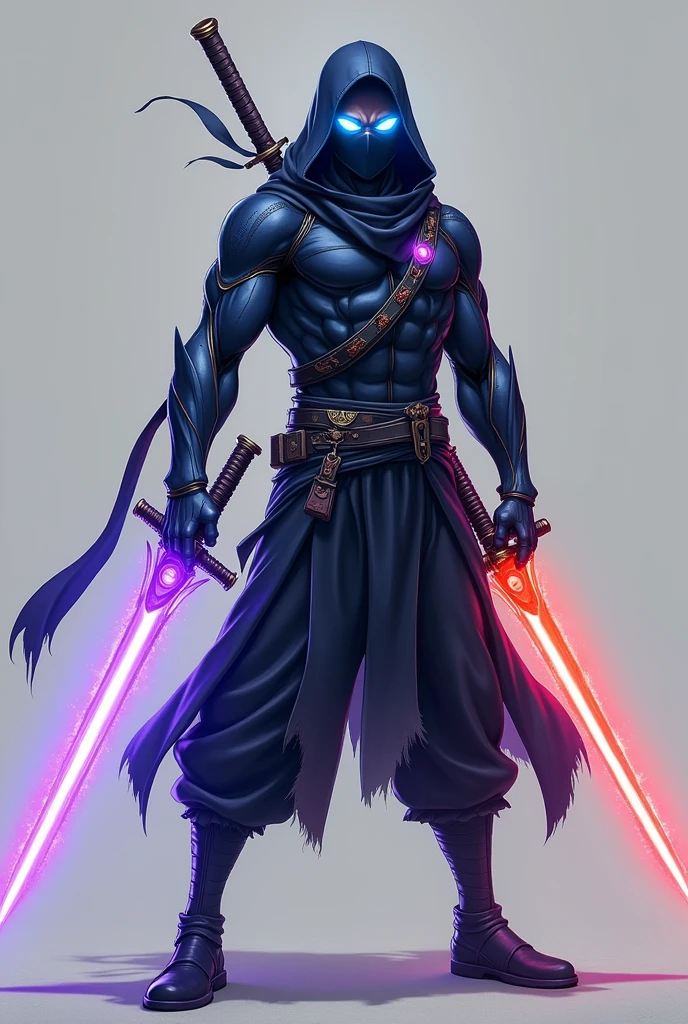 ANIME Blue ninja suit,has a jet black body and is masked. blue eyes,Glowing Green Eyes,Glowing Red eye,Has 5 eyes including Shining Purple eyes and Shining White eyes and has medium muscle mass.,An anime man with one purple aura sword and one orange aura sword positioned diagonally behind him.