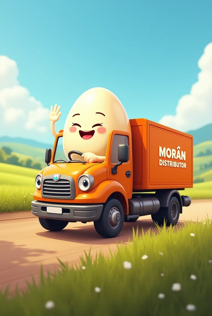 A happy  egg driving inside an egg distribution truck with a logo that says Morán distributor, with a countryside landscape 