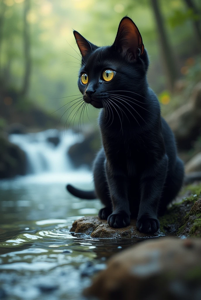 Black cat with white, yellow eyes, who loves to watch the water run and be in high places
