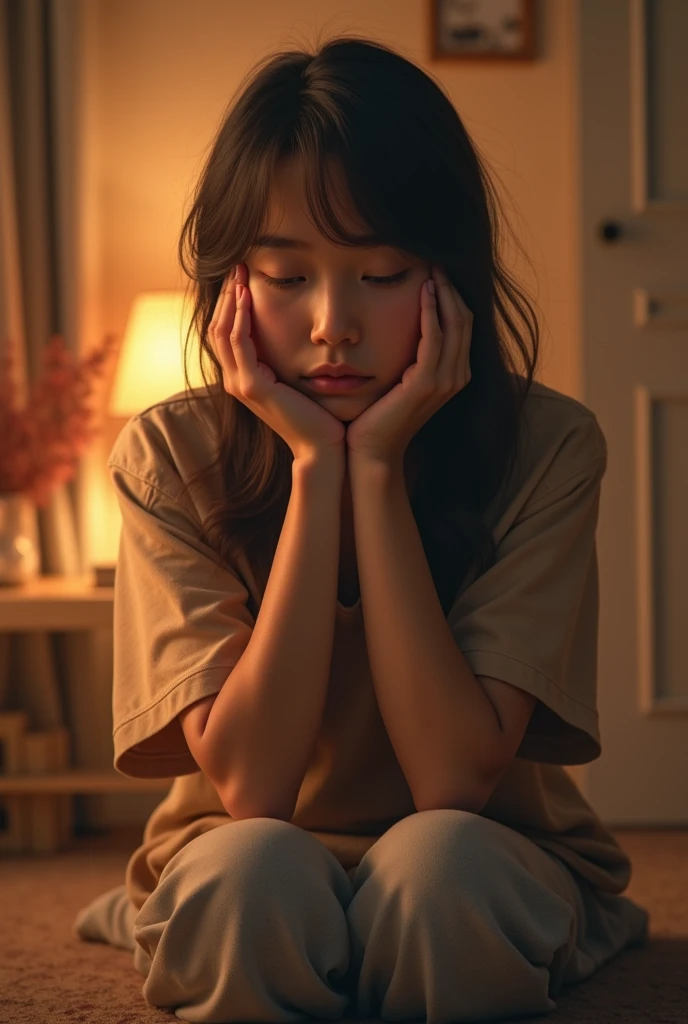Portrait of a young girl of 14 years beautiful beautiful face perfect petit , she is happy, very beautiful Brazilian brunette, long black hair, praying closed eyes, in bed, (when humble, walls appearing the bricks, simple old house, old pillows, very blurred background, clear: 1.2)